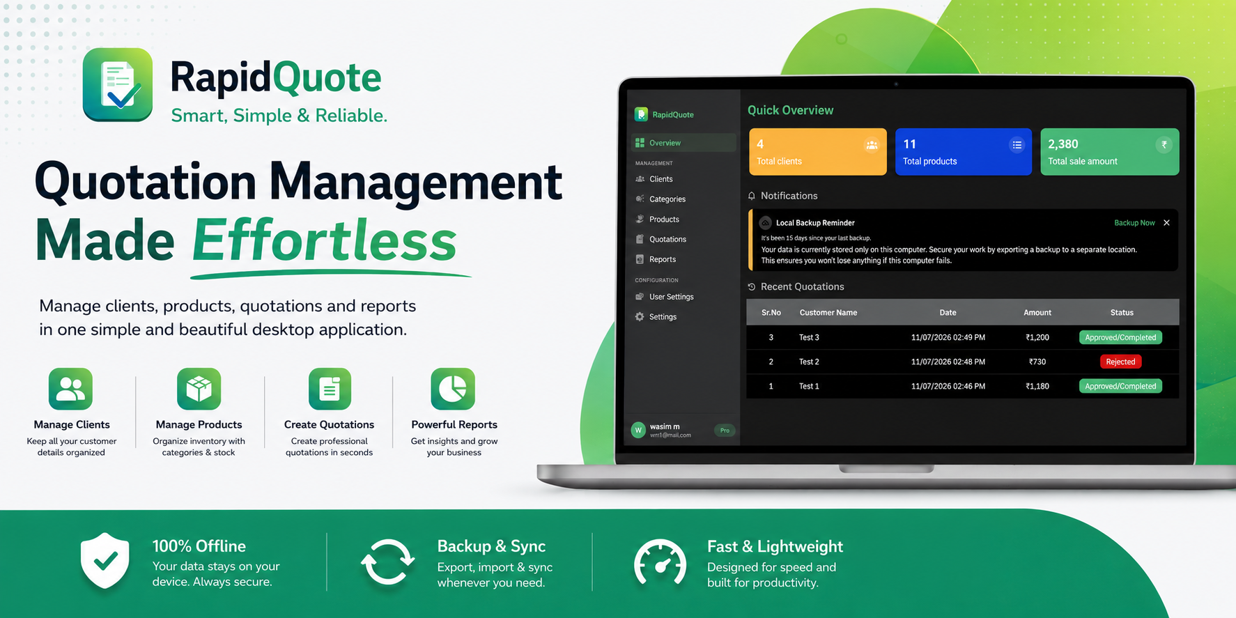 RapidQuote desktop app - overview dashboard showing clients, products, quotations, and reports