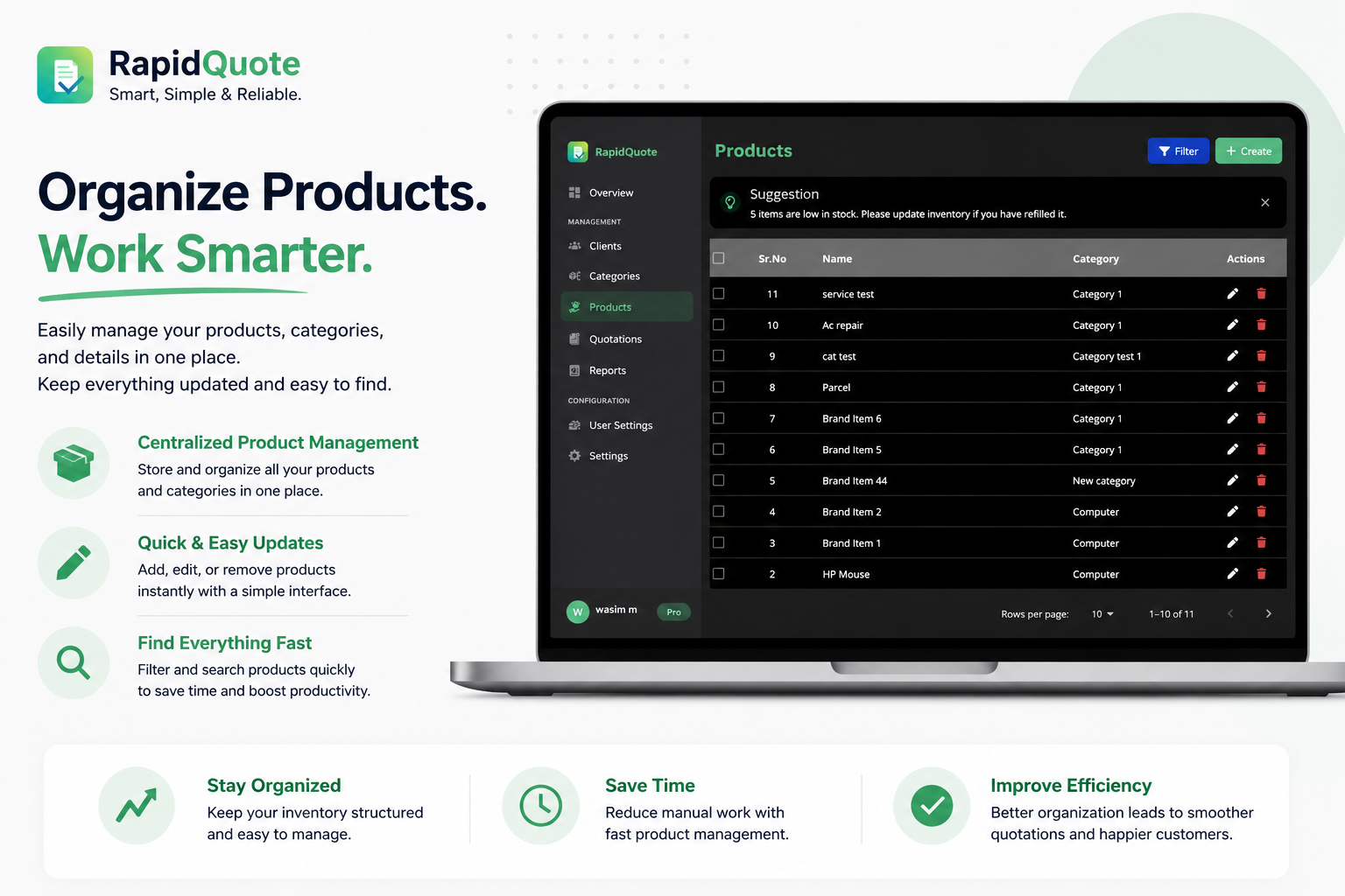 RapidQuote desktop app - analytics and reporting dashboard