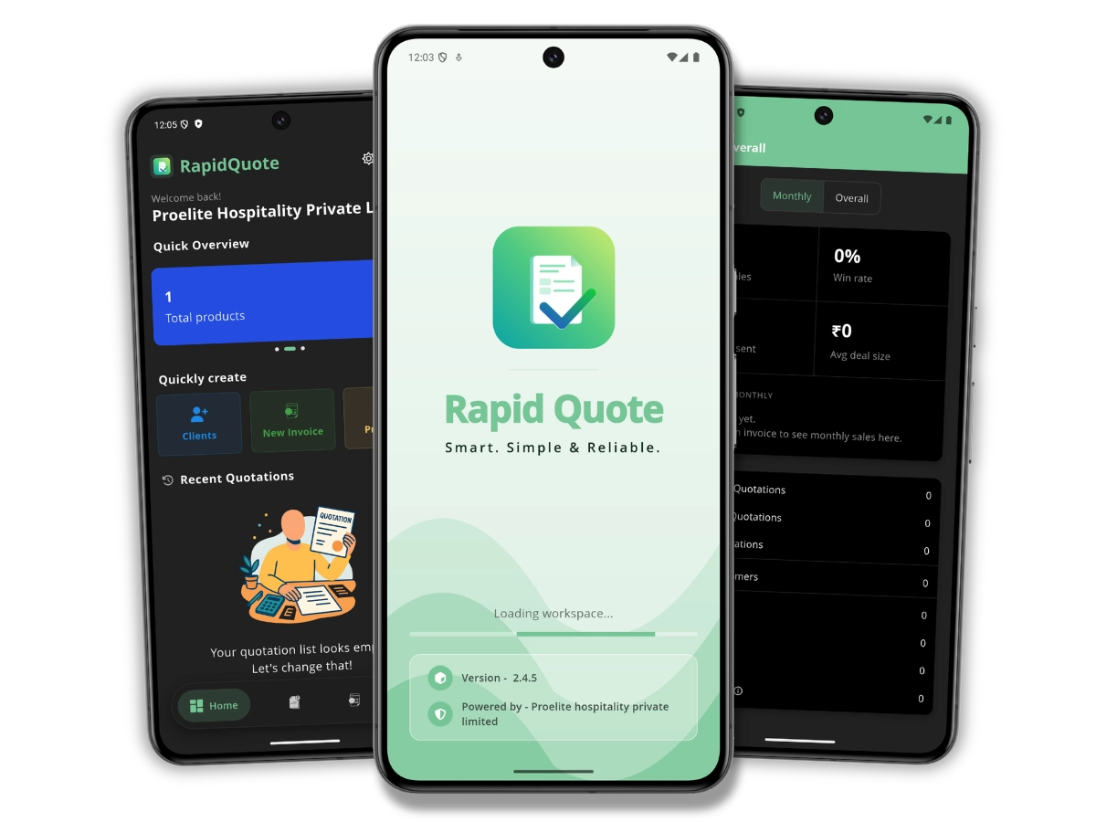 RapidQuote Android app on three phones: the home dashboard, the splash screen, and the sales overview